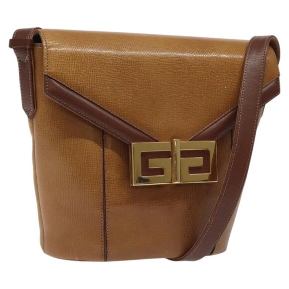 GIVENCHY Shoulder Bag Leather Brown Gold Auth - Picture 1 of 16